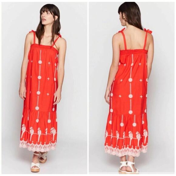 Joie Cleta Red White Salsa Embroidered Parrot Cotton Eyelet Maxi Dress Sz L - Picture 11 of 11